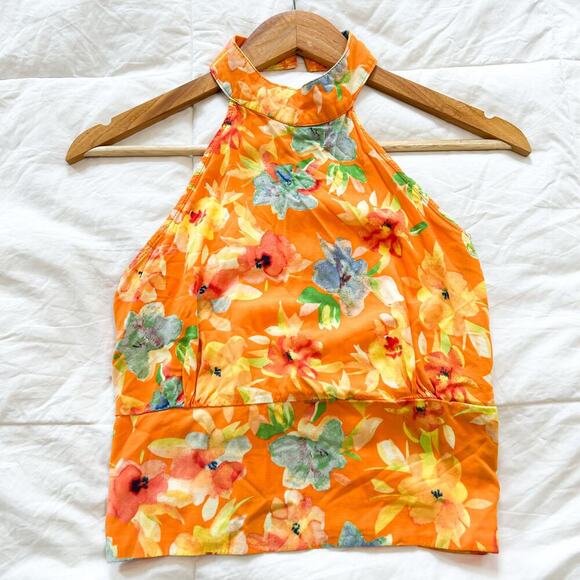 Cynthia Rowley Orange Floral Halter Top Blouse Rayon Women’s Size Small - Picture 1 of 3
